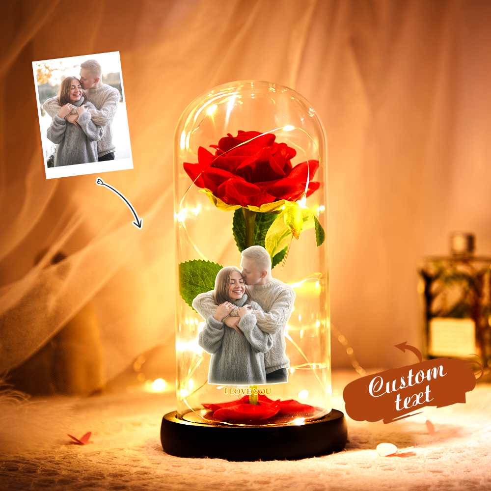 Personalised Photo and Text Led Night Light / Glass Cover with Eternal Red Rose Flower