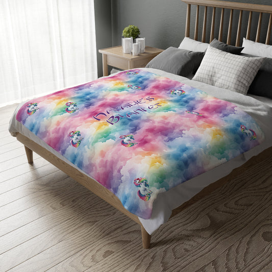 Personalised Unicorn - Rainbow Velveteen Microfiber Blanket / Double Sided Print