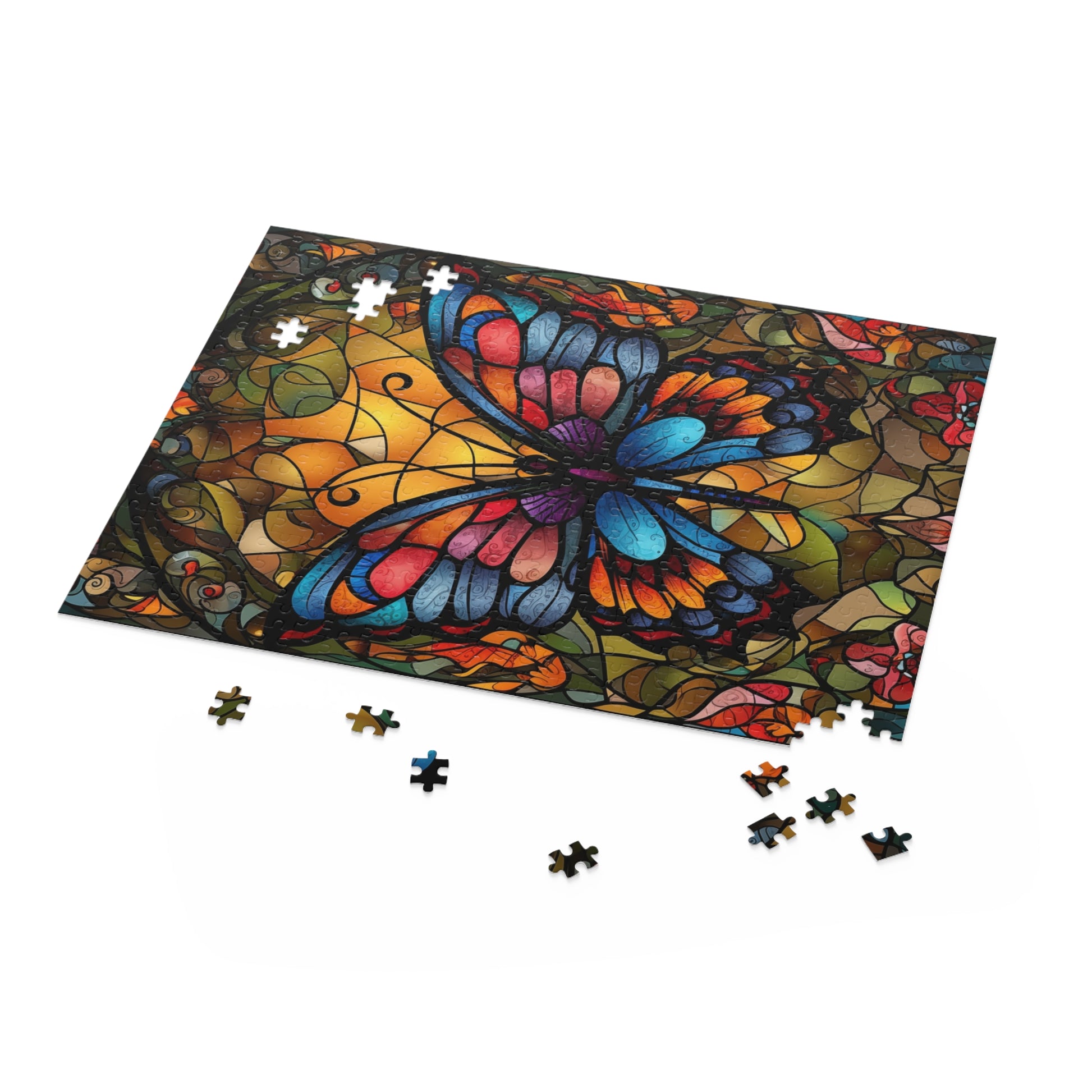 Colorful butterfly-themed puzzle with missing pieces on a white background