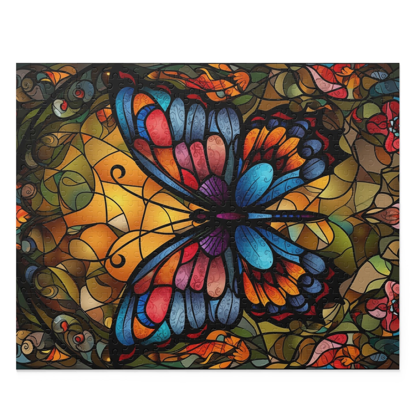 Colorful butterfly design on a stained glass pattern