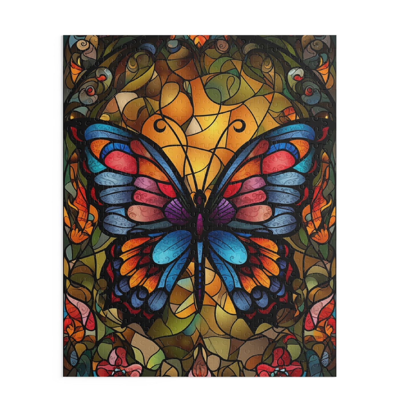 Colorful butterfly design on a stained glass style background