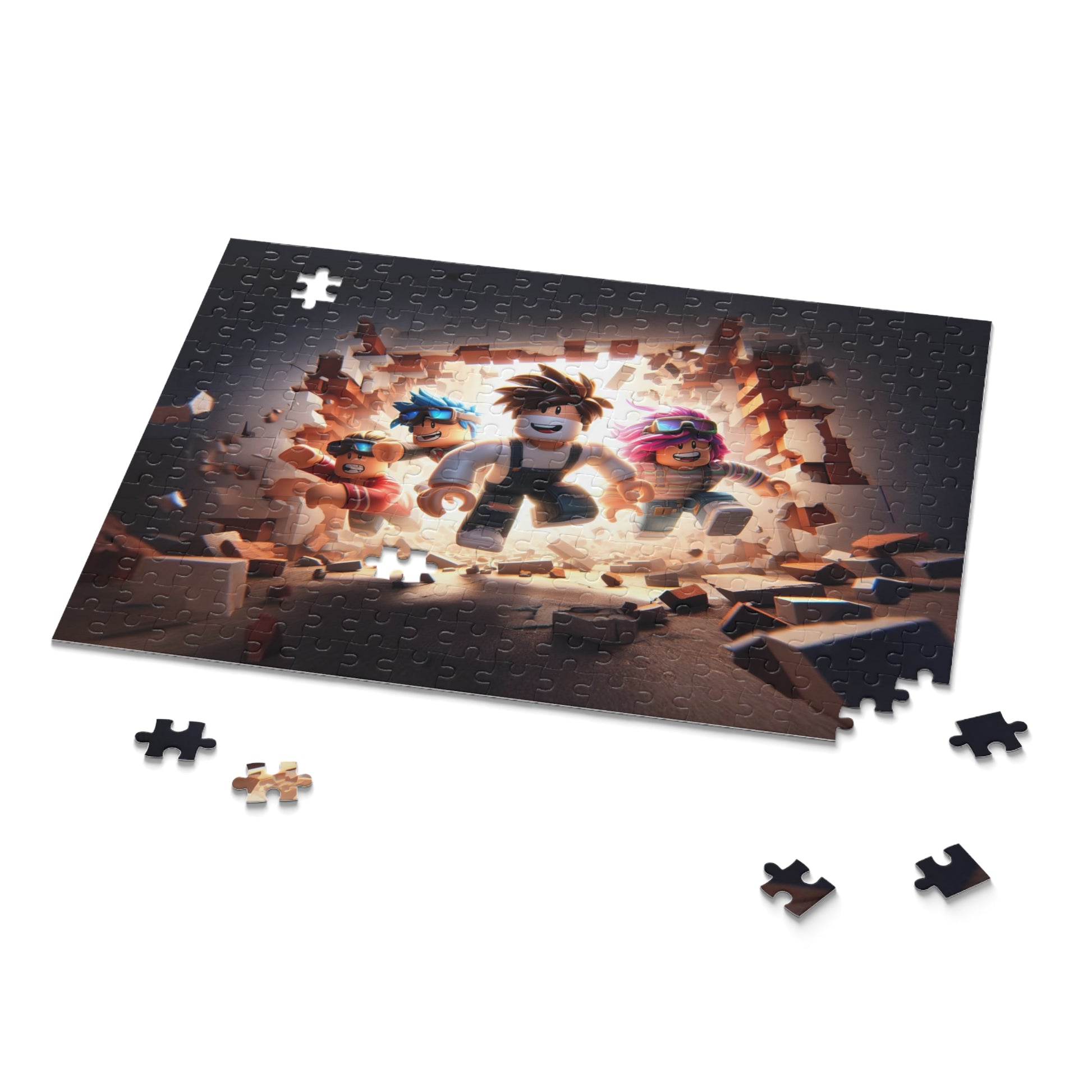 Puzzle with characters in a dark setting, missing pieces on a white background
