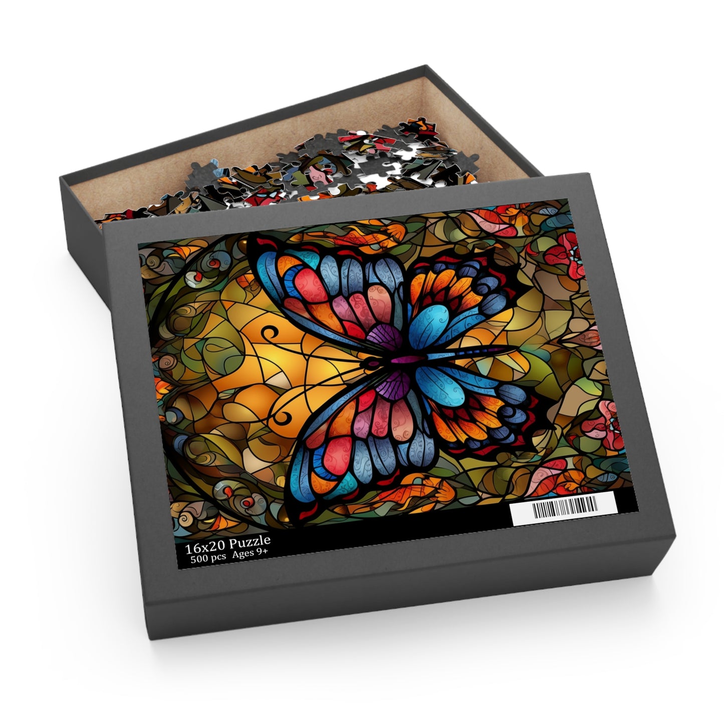Jigsaw puzzle box with a colorful butterfly stained glass effect design on a white background