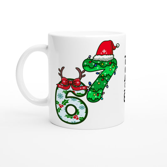 White mug with a Christmas-themed number '67' design on a white background