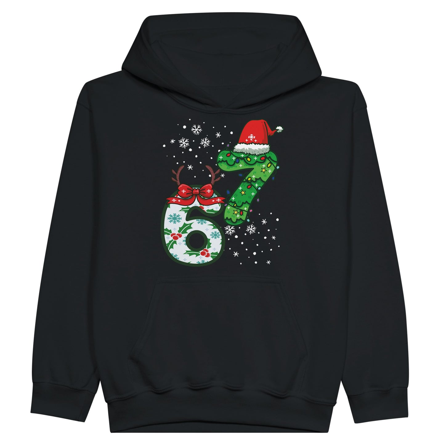 Black hoodie with Christmas-themed 67 number design on the front, viral tiktok meme trend 