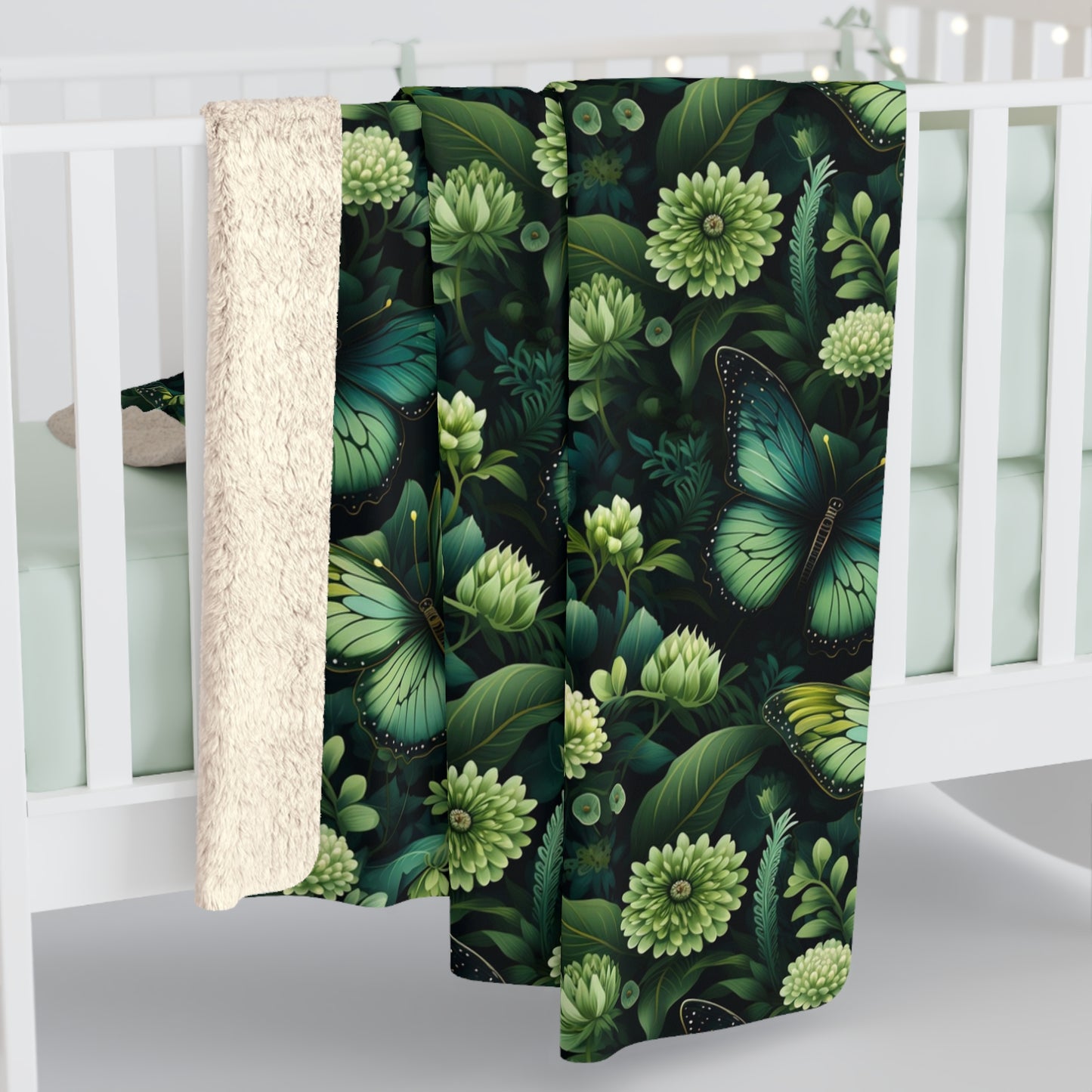 Green Sherpa Fleece Blanket Butterflies Flowery Pattern Design Cozy Throw