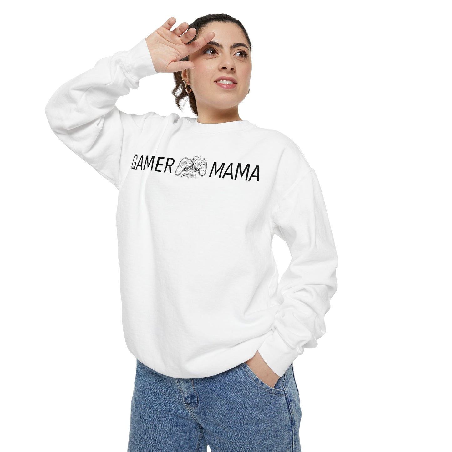 Person wearing a white sweatshirt with 'Gamer Mama' text on a white background