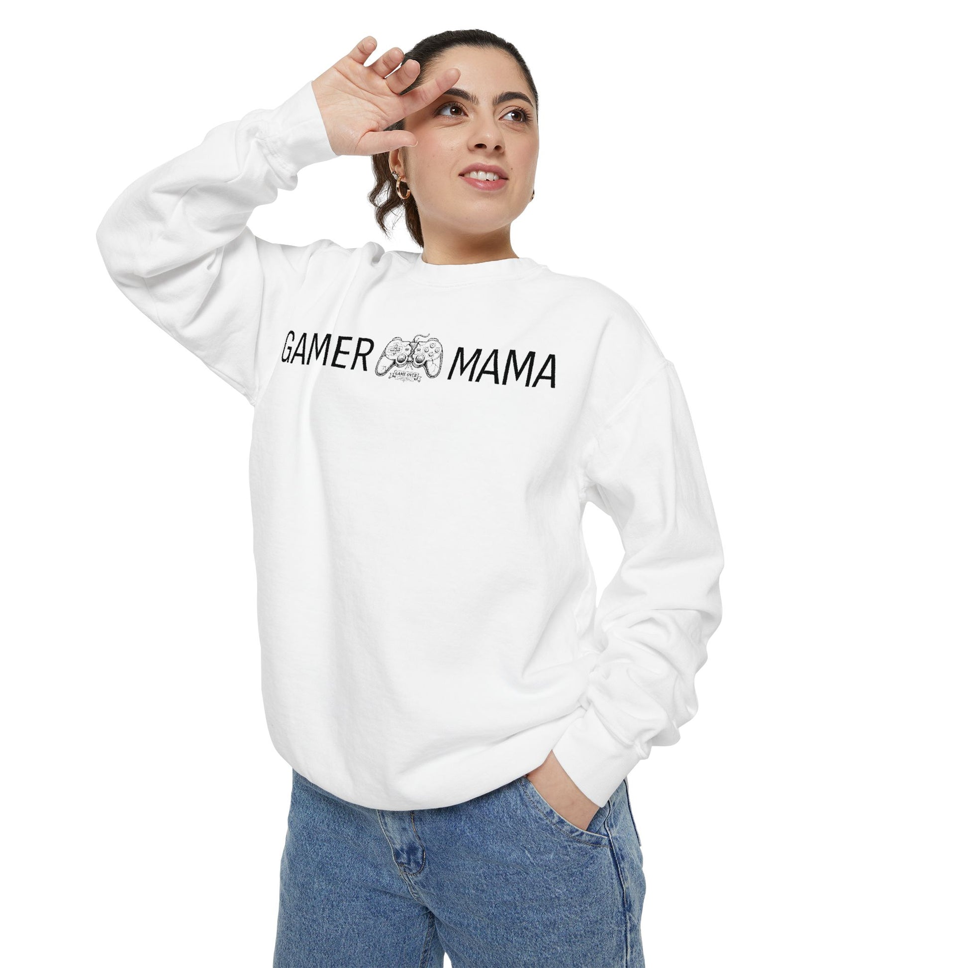 Person wearing a white sweatshirt with 'Gamer Mama' text on a white background