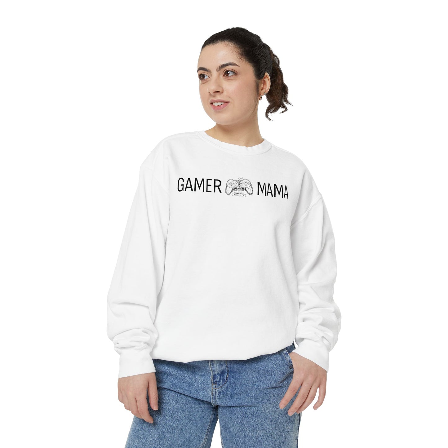 Woman wearing a white sweatshirt with 'Gamer Mama' text on a white background