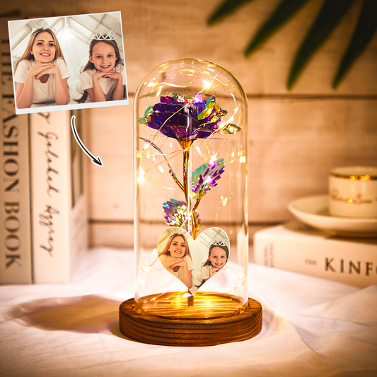 Personalised Heart Shaped Photo / Colorful Eternal Rose Flower LED Night Light / Forever Roses In Glass Dome