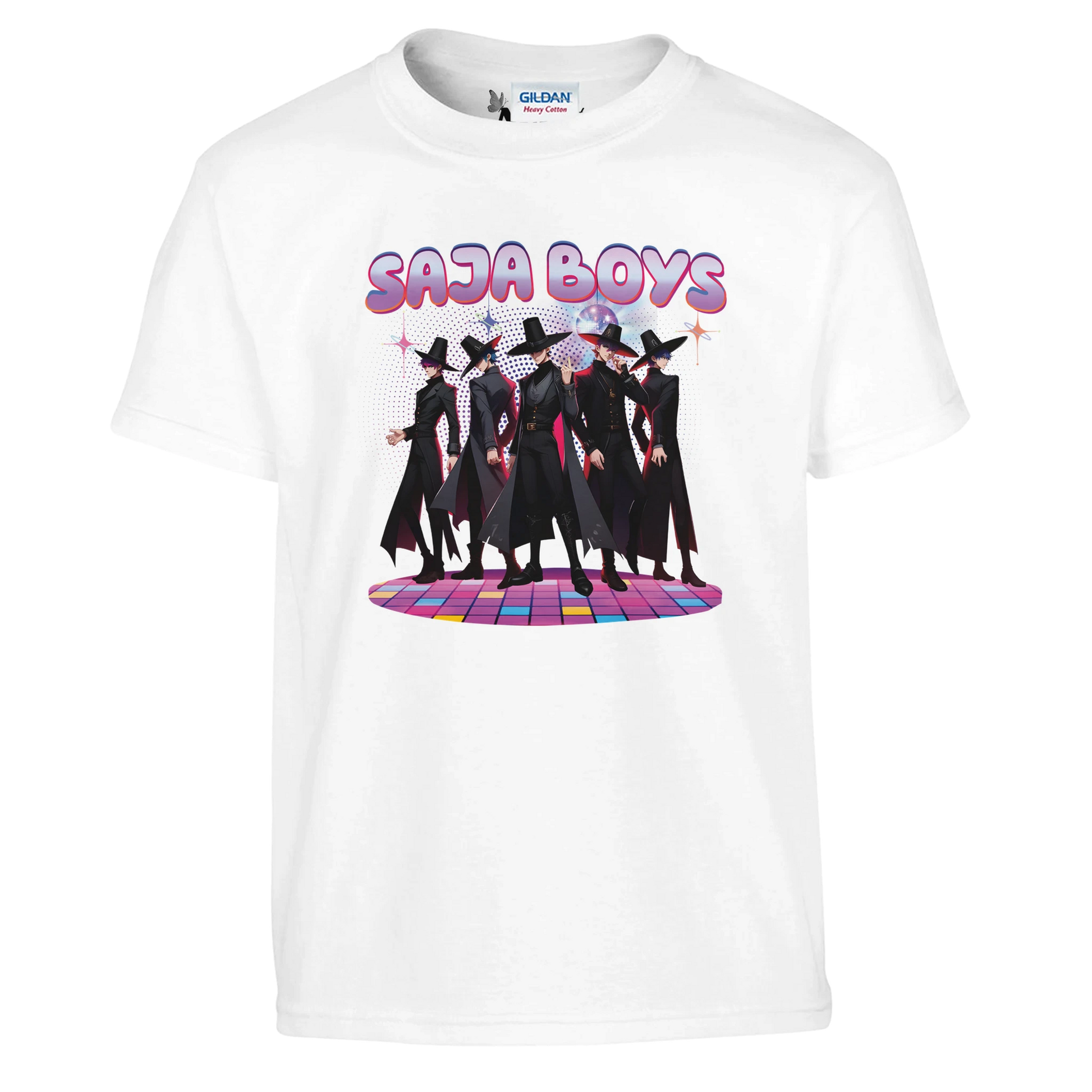 White t-shirt with 'Saja Boys' graphic design on a white background