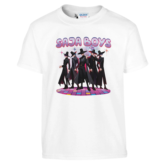 White t-shirt with 'Saja Boys' graphic design on a white background