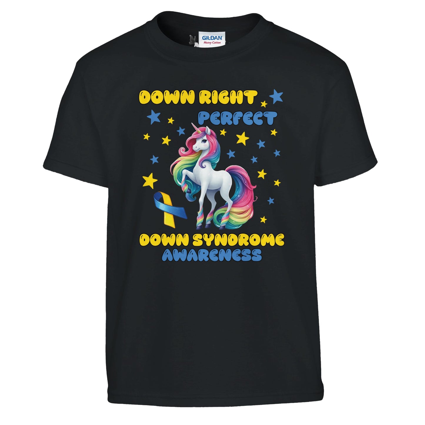 Black kids t-shirt with a unicorn graphic and 'Down Syndrome Awareness' text on a white background