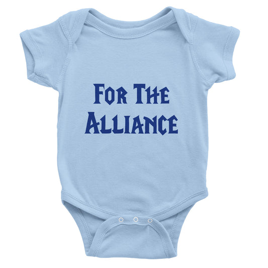 Light blue baby onesie with 'For The Alliance' text on a white background