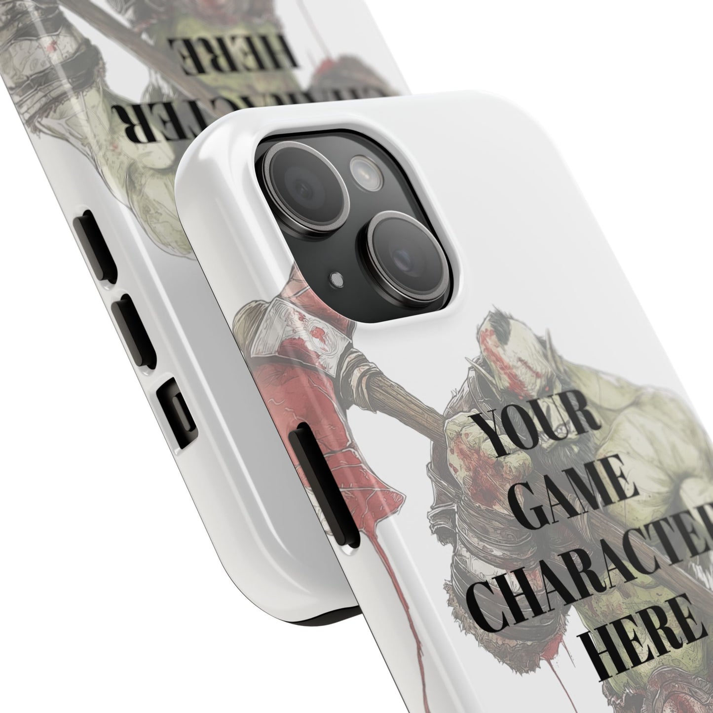 iPhone case with customizable text 'Your Game Character Here' and a character design.