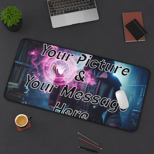 Customizable desk mat with placeholder text on a dark surface with office items.