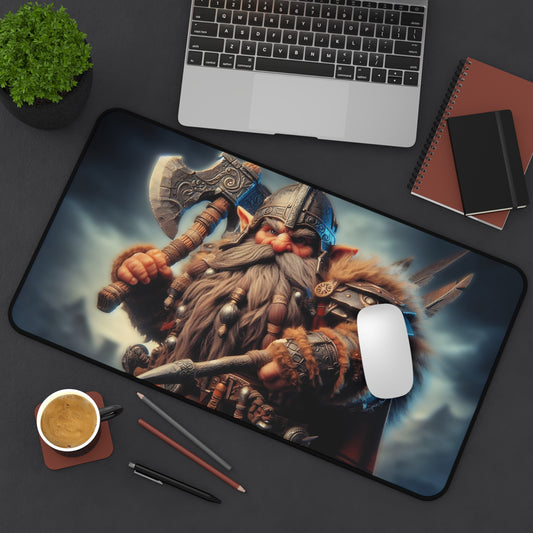 dwarf warrior mouse pad on a desk with laptop, notebook, and coffee cup.