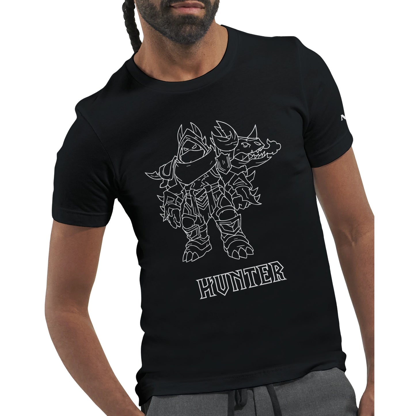 Black t-shirt with a graphic design and the word 'HUNTER' worn by a person on a white background