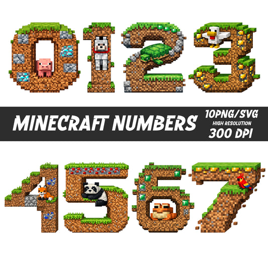 Minecraft inspired 3D Pixel Art Numbers from 0-9 made of dirt blocks and grass, incorporating blocky animals, and materials from the game. Digital art