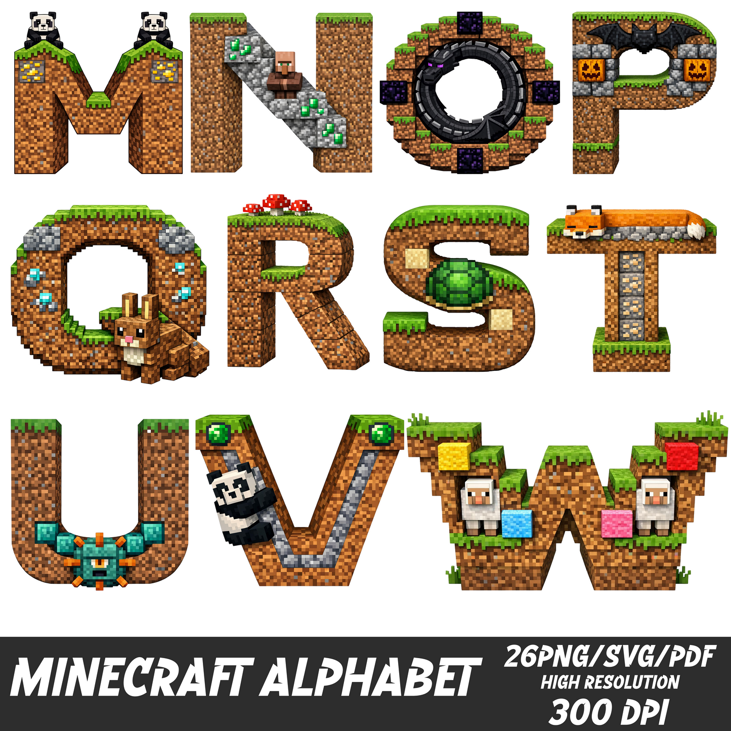 Mine craft Inspired Alphabet PNG SVG PDF