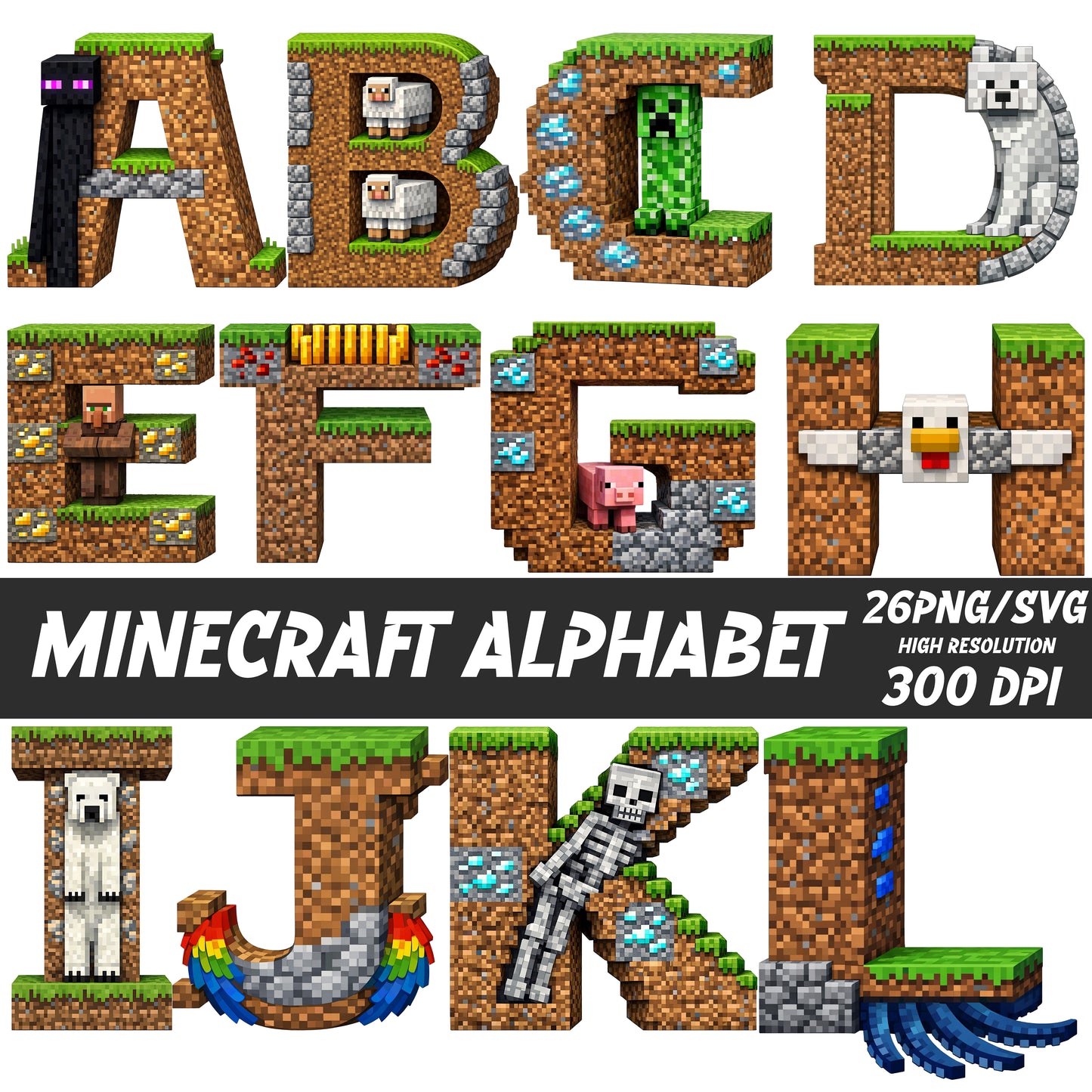 Minecraft-themed alphabet letters with characters and textures.