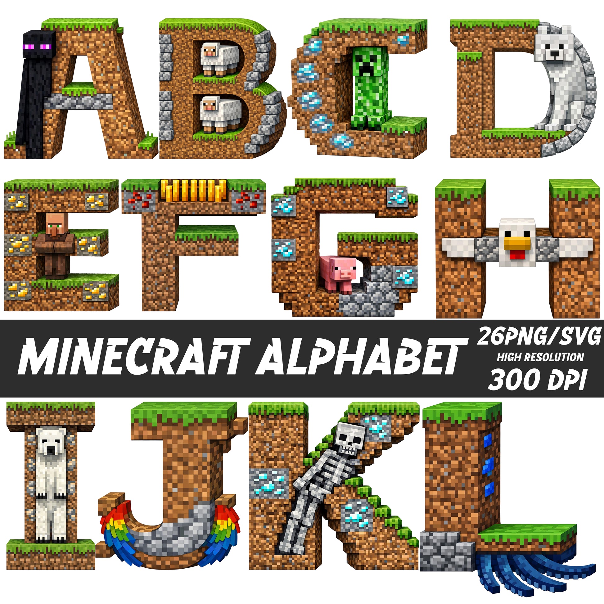 Minecraft-themed alphabet letters with characters and textures.