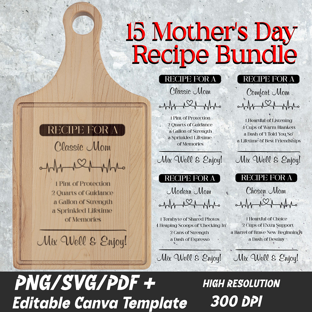 Wooden cutting board with engraved text and recipe bundle offer on a textured background