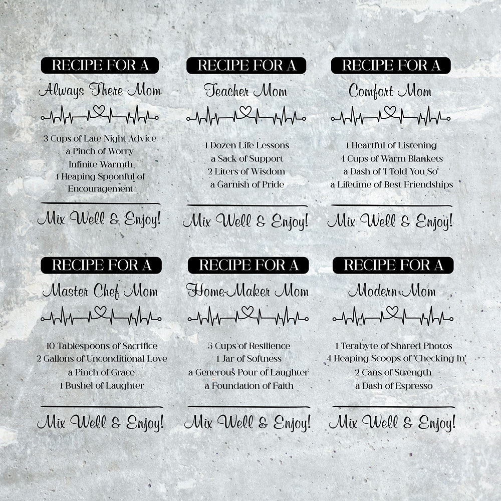 Recipes for different types of moms on a textured gray background