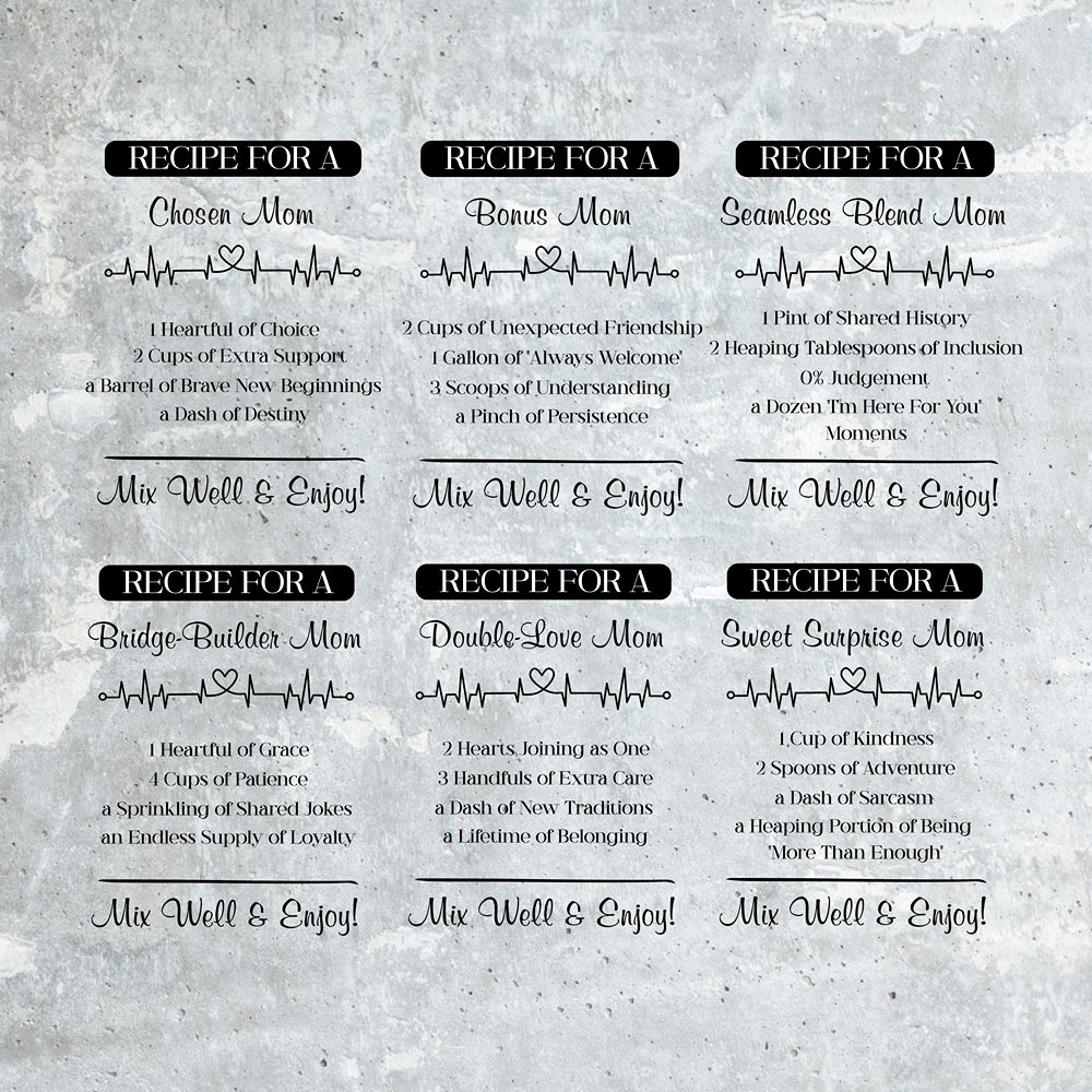 Textual recipe cards for various types of mothers on a textured gray background