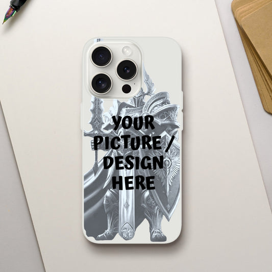 Phone case with warrior design and text 'Your Picture/Design Here' on a light background