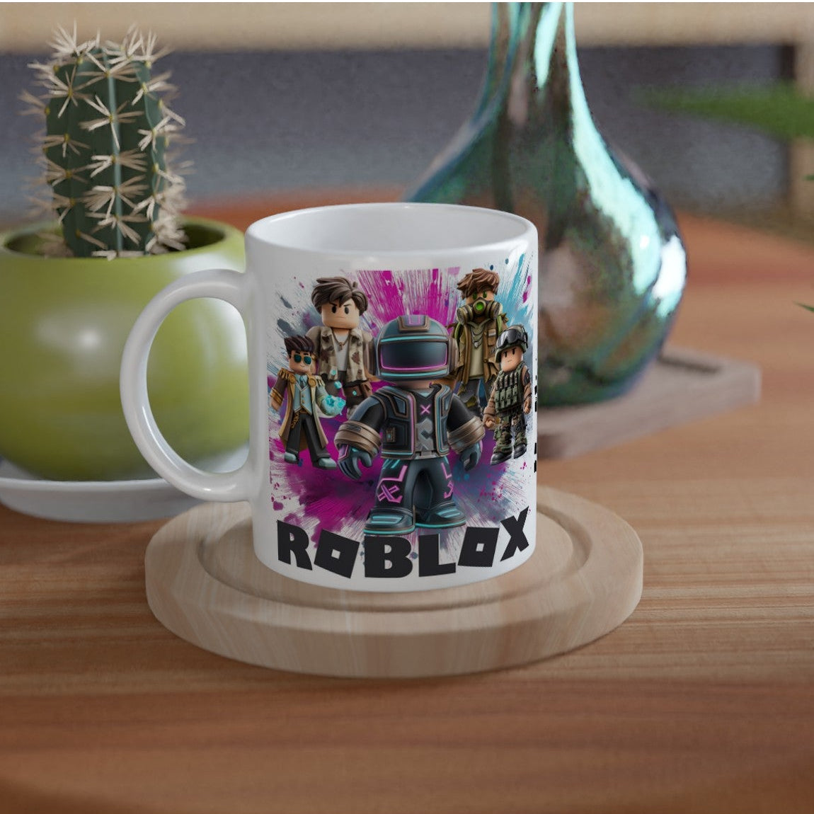 Mug with 'Roblox' design on a wooden table with plants