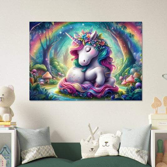 Colorful unicorn poster on a wall in a child's room with toys and bedding.