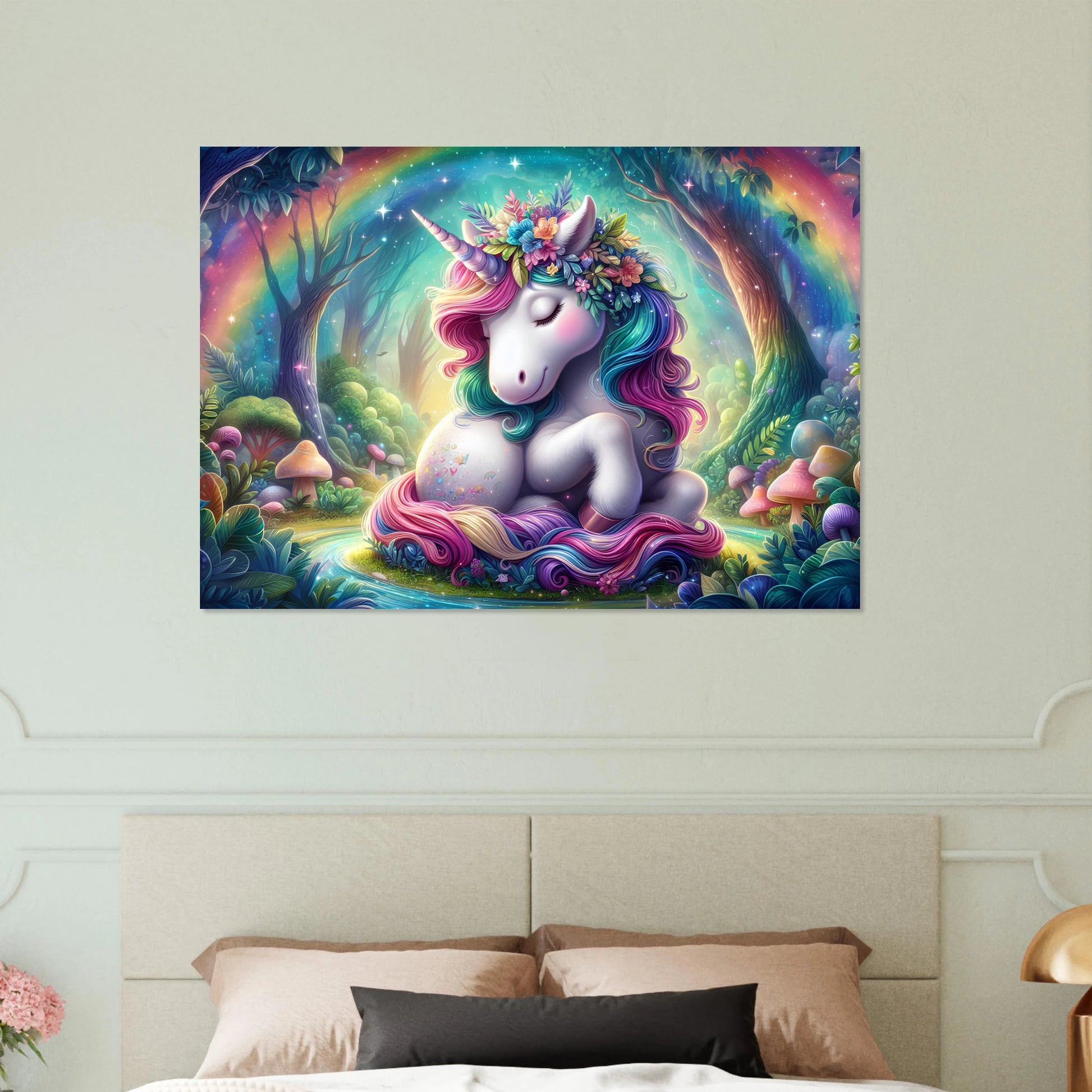 Colorful unicorn poster on a wall above a bed, bedroom decor