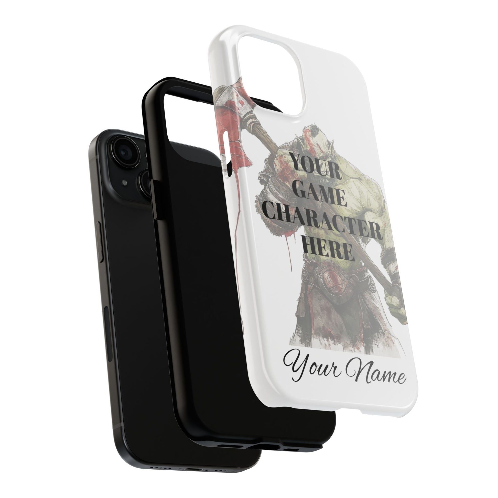 iPhone tough case with shown layers, with customizable game character and name text on a white background