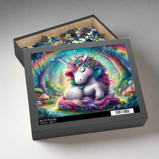 Jigsaw puzzle box with a colorful unicorn design on a white background