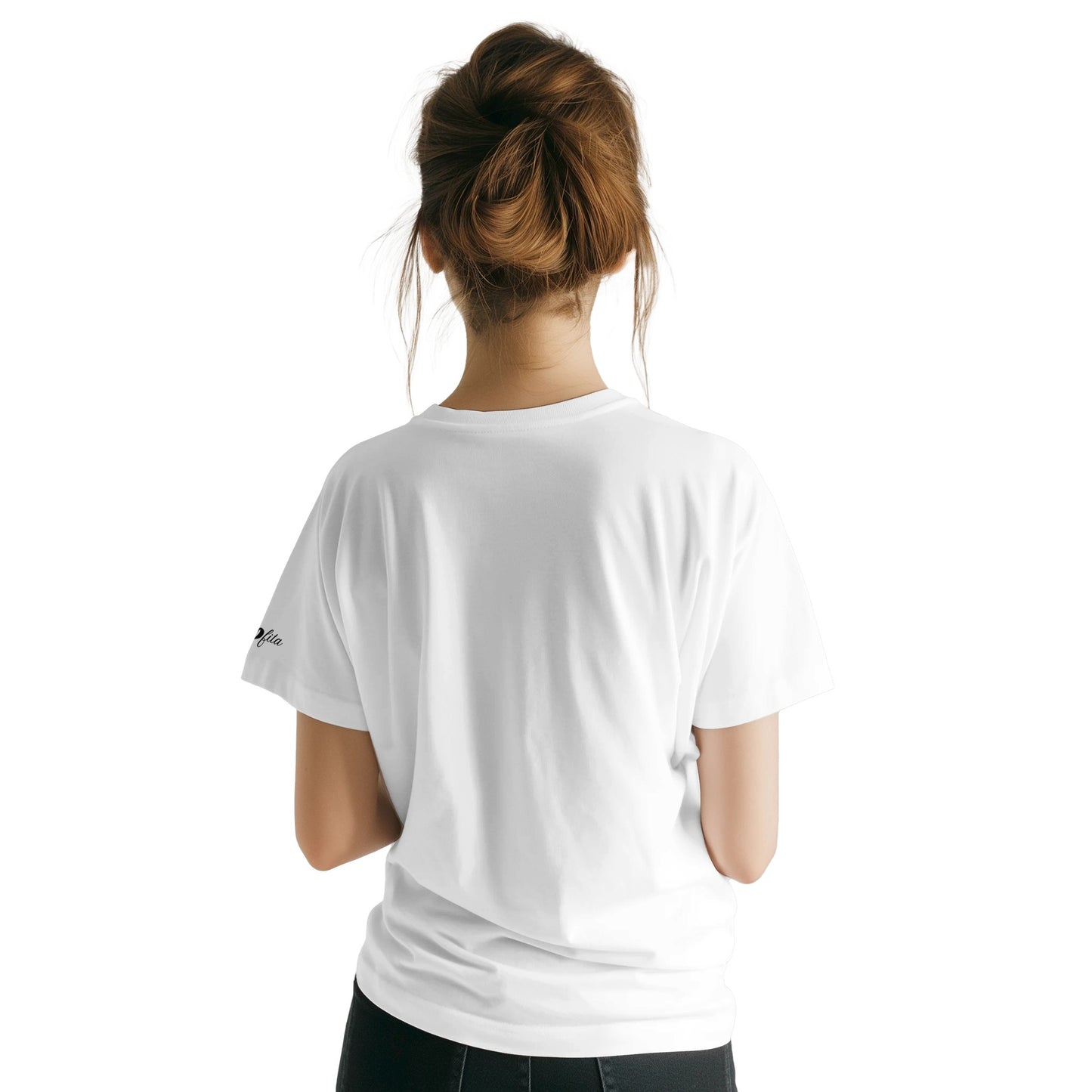 Person wearing a white awarness day t-shirt with a small logo on the back against a white background