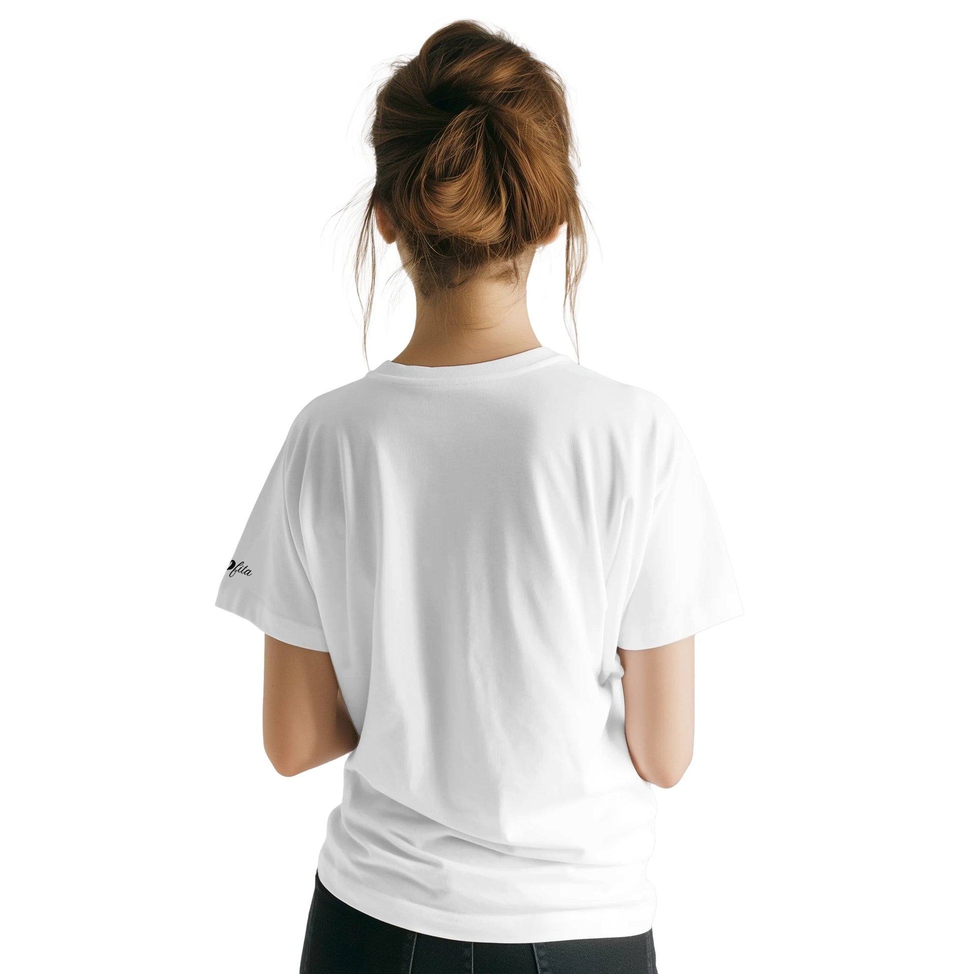 Person wearing a white awarness day t-shirt with a small logo on the back against a white background