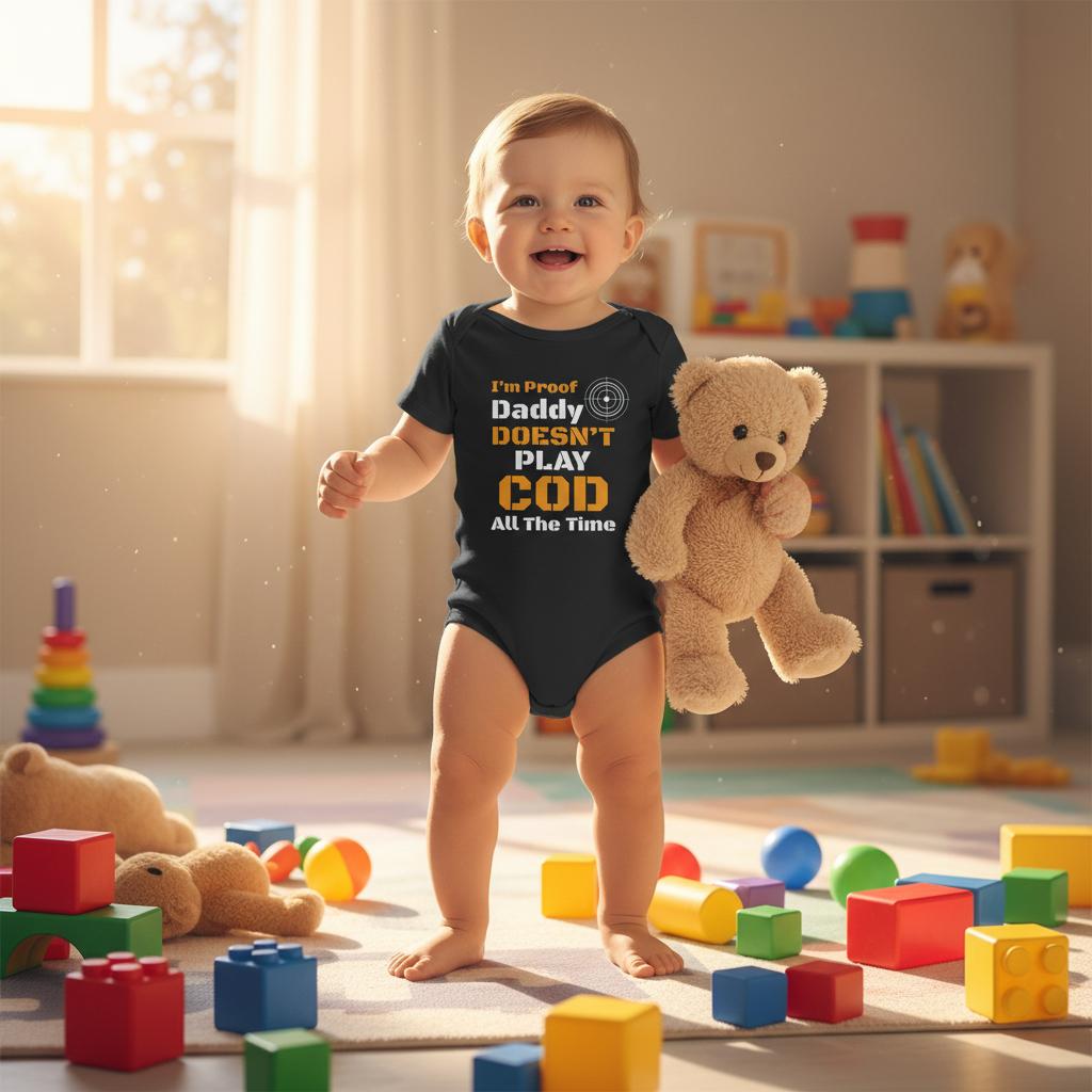 Baby holding a teddy bear in a room with toys and a bookshelf.