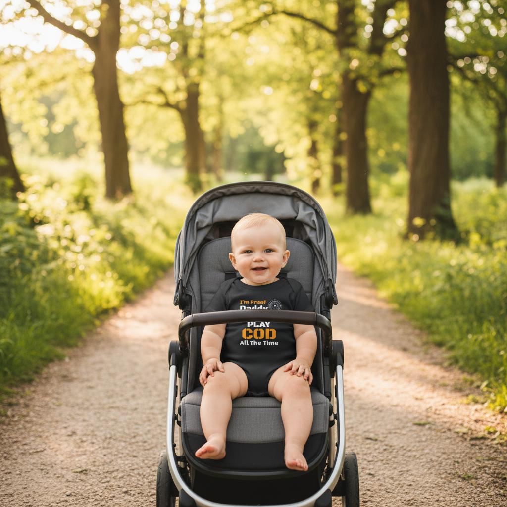 Baby in a stroller on a path in a park
