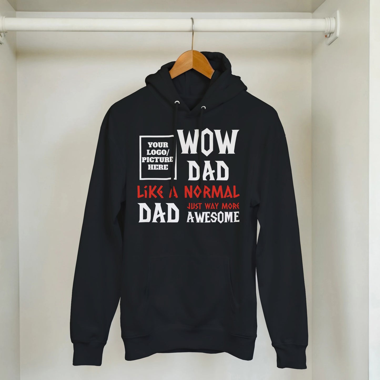 Black hoodie with text design on a hanger against a white background