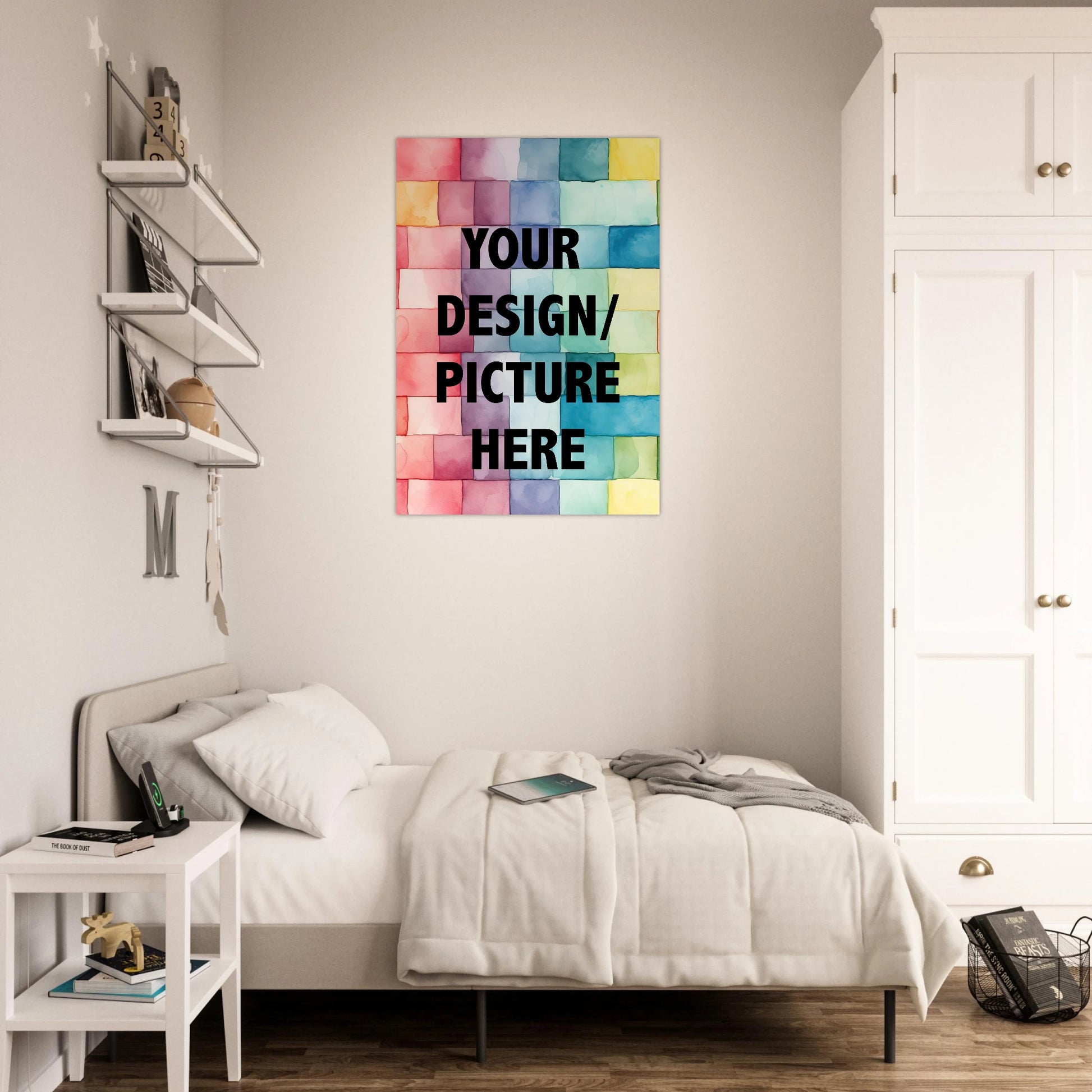 Custom design poster, Bedroom with a colorful abstract wall art piece above a bed. Your design or Your picture.