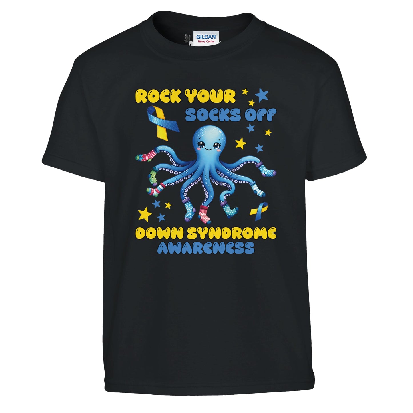 Black Kids t-shirt with a blue octopus graphic and Rock your socks text about Down Syndrome awareness on a white background.