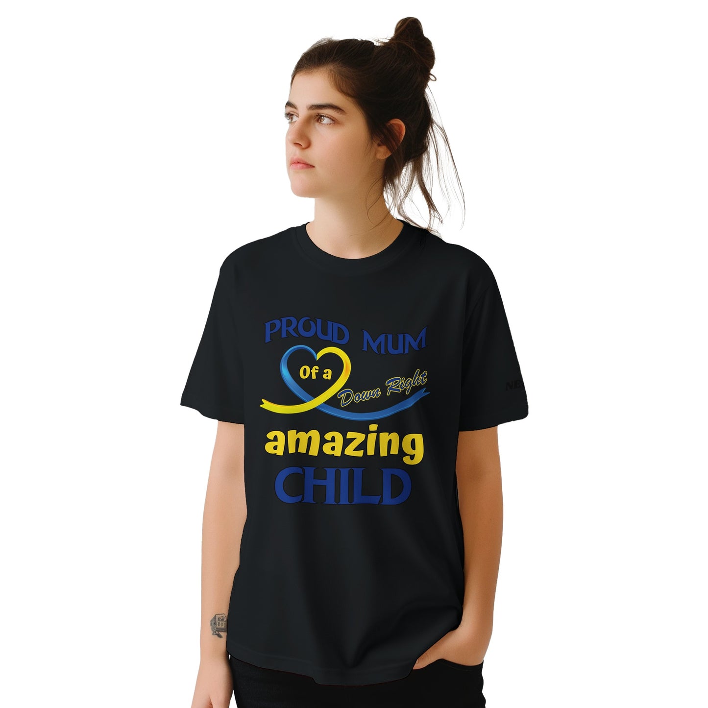 Down syndrome, awarness day, proud mum shirt, Woman wearing a black t-shirt with a motivational message on a white background