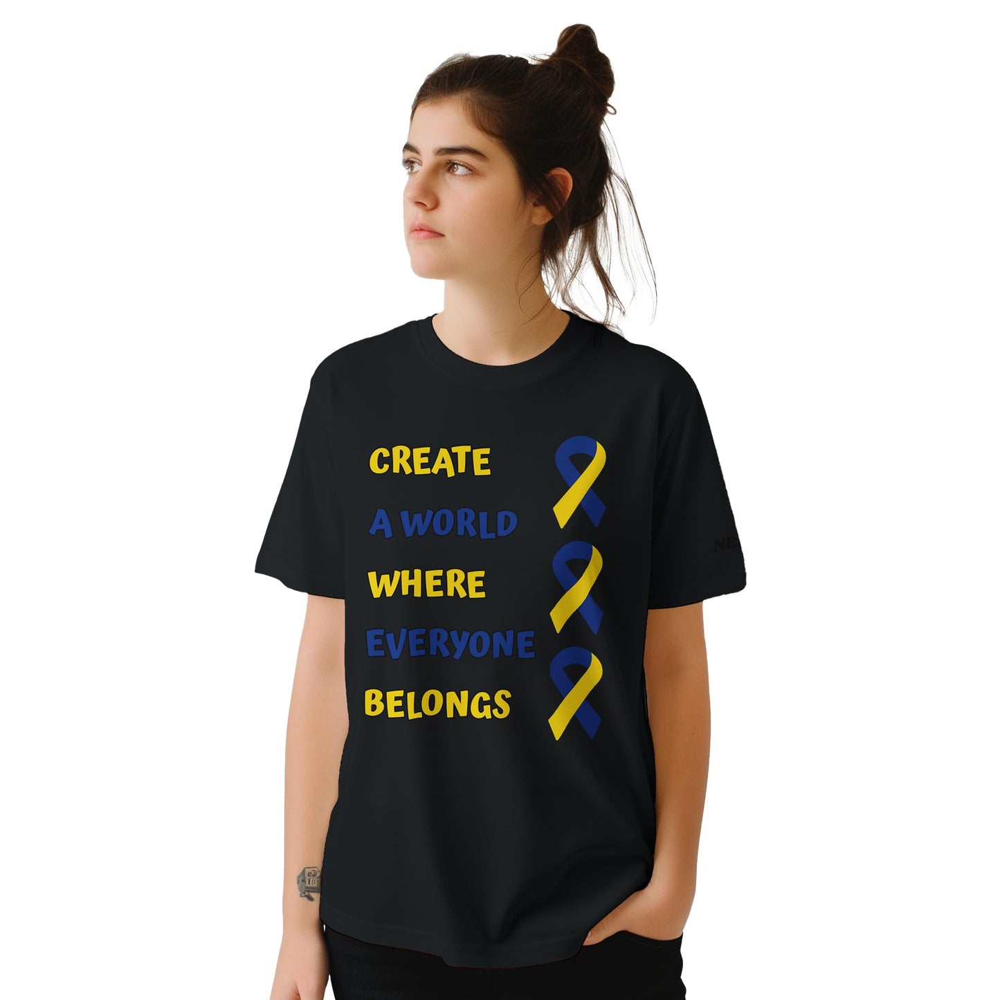 Unisex down syndrome awarness day tee, Person wearing a black t-shirt with a yellow and blue ribbon design and text.