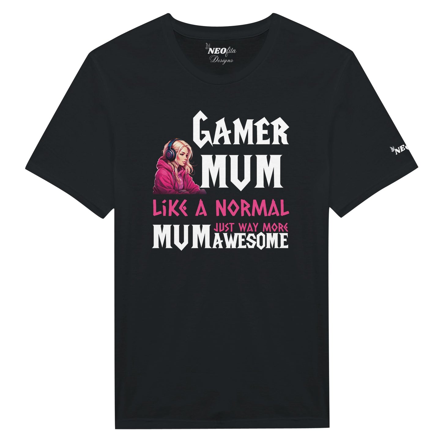 A black t-shirt with the text 'GAMER MUM like a normal mum, just way cooler' printed on the front, along with an image of a gaming controller.