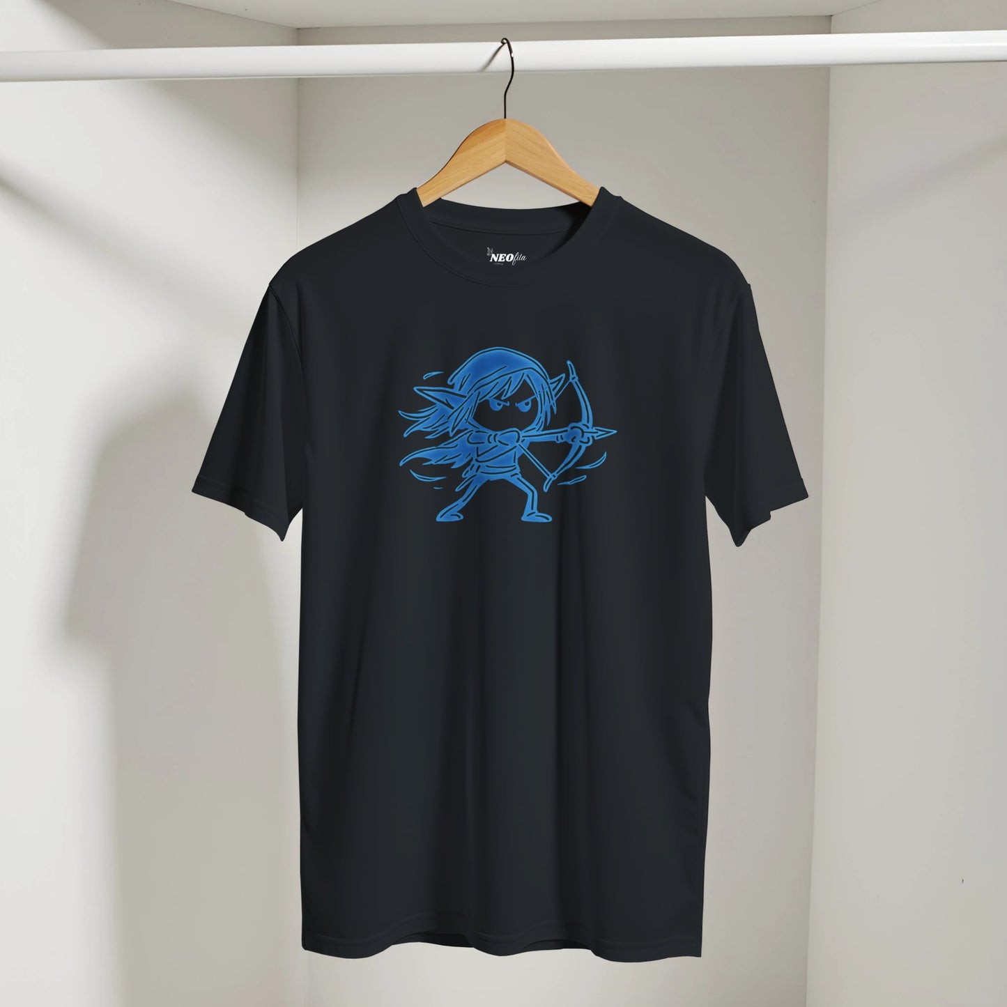 Black t-shirt with blue line art graphic of sylvanas the dark elf archer as a stick man - line art design on a hanger against a neutral background