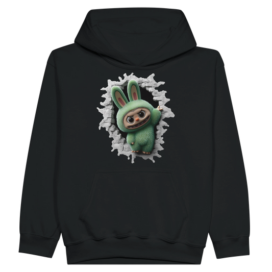 Black hoodie with a green labubu monster character design on the front against a white background