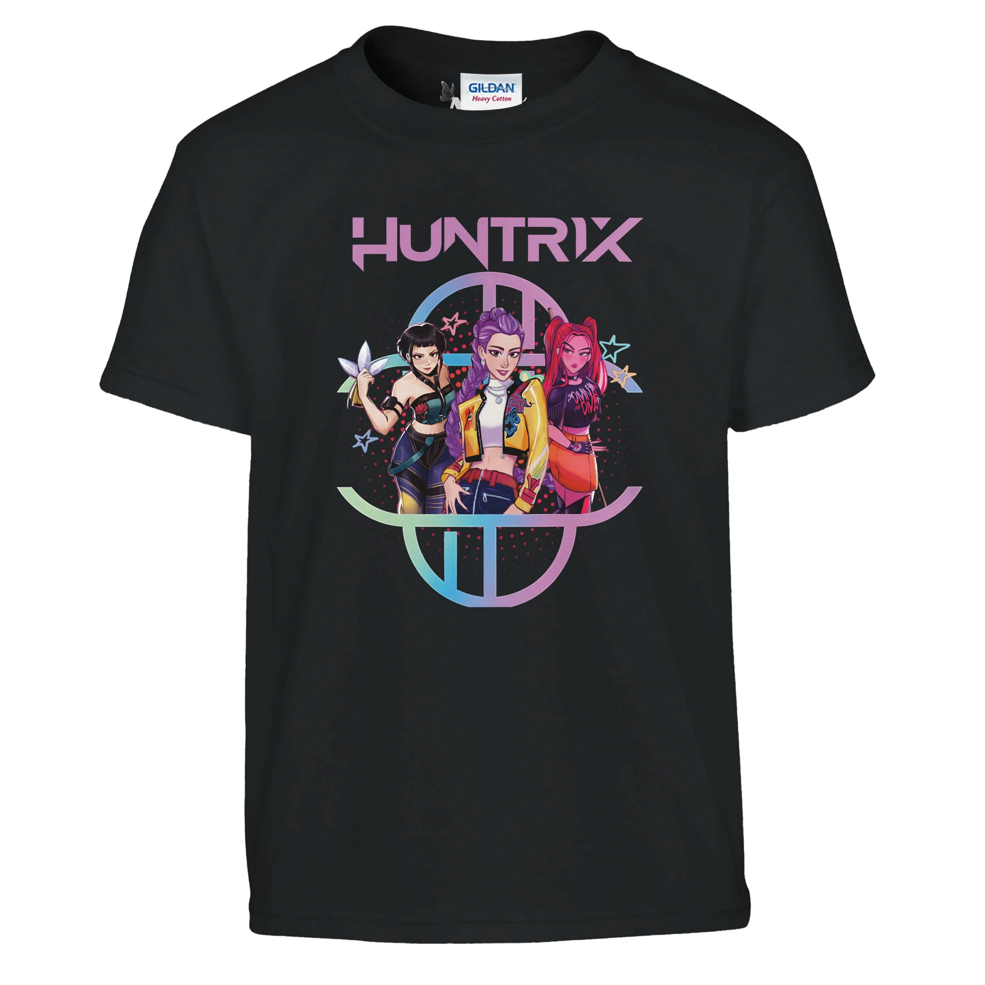 Black t-shirt with 'HUNTRIX' graphic design featuring three characters on a white background.