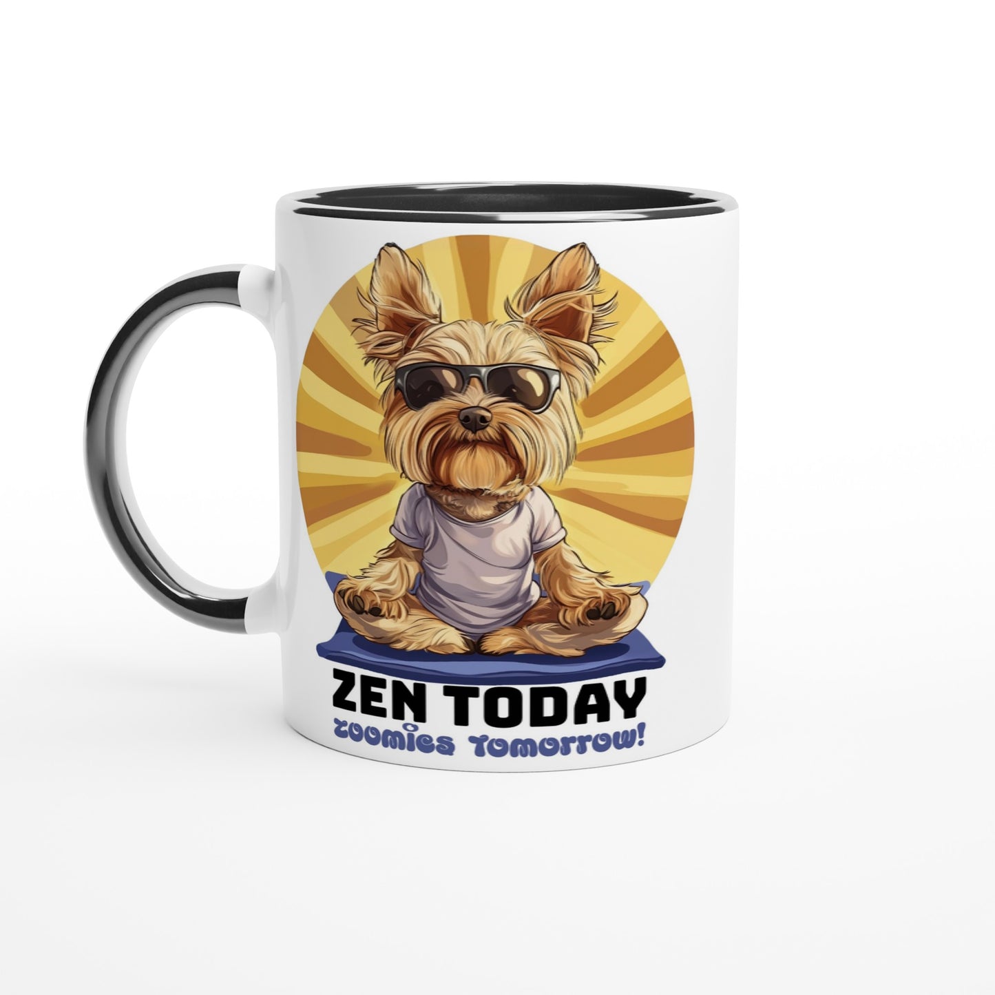 A white ceramic mug with black inside, with an illustration of a Yorkshire Terrier in a yoga pose, with the phrase 'ZEN TODAY' written on it.