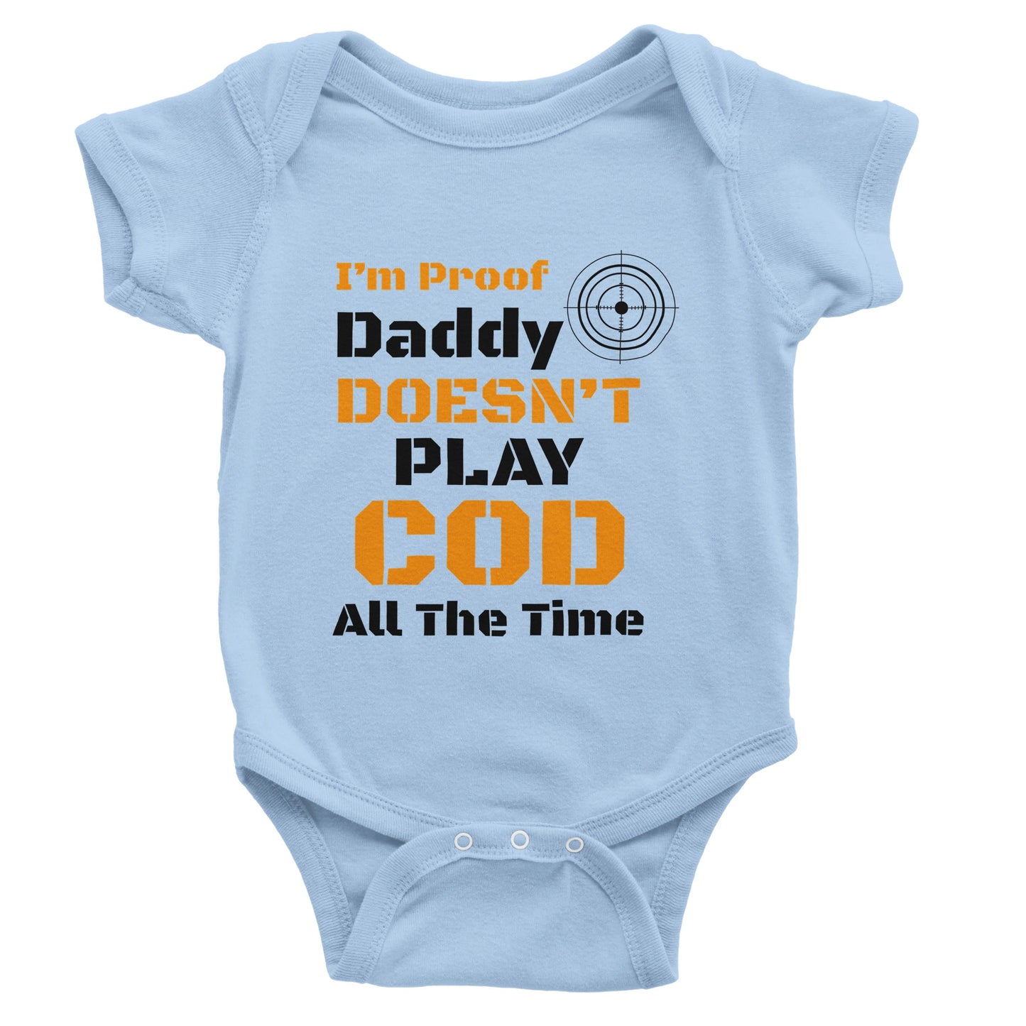 Light blue baby onesie with text design on a white background